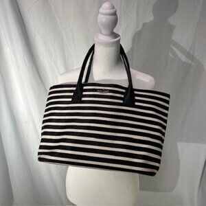 Kate Spade Black/White Striped Microfiber Tote Bag Snap Close Classic Stripes
